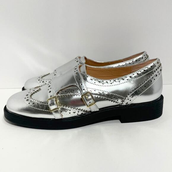 J.CREW Shoes - J. Crew Monk-Strap Shoes Women’s 7 Silver Mirror Metallic Menswear Loafer NEW